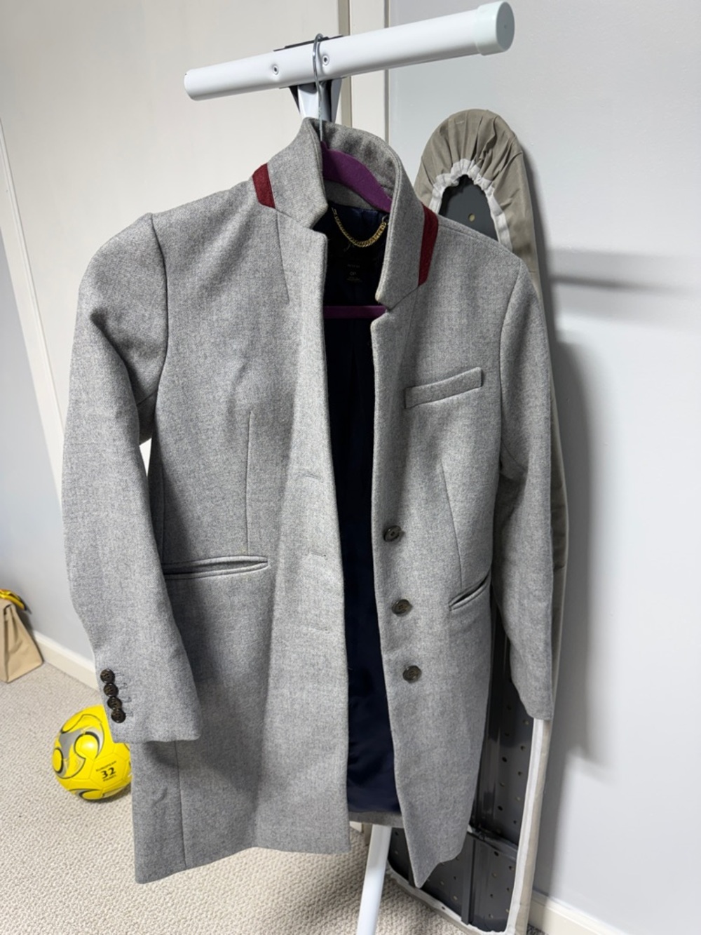JCrewLight Gray Men's inspired  Wool Blend Overcoat with Burgundy Collar Detail